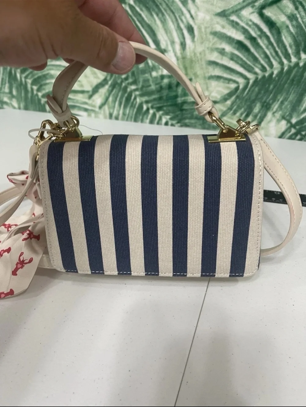 Betsey Johnson Navy & Cream Striped Shoulder Bag with Scarf Accent
